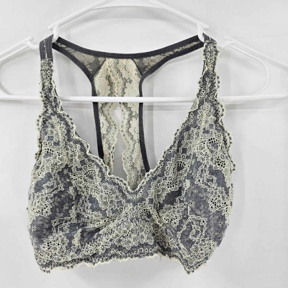 Felina lace bralette bra medium gray white racerback